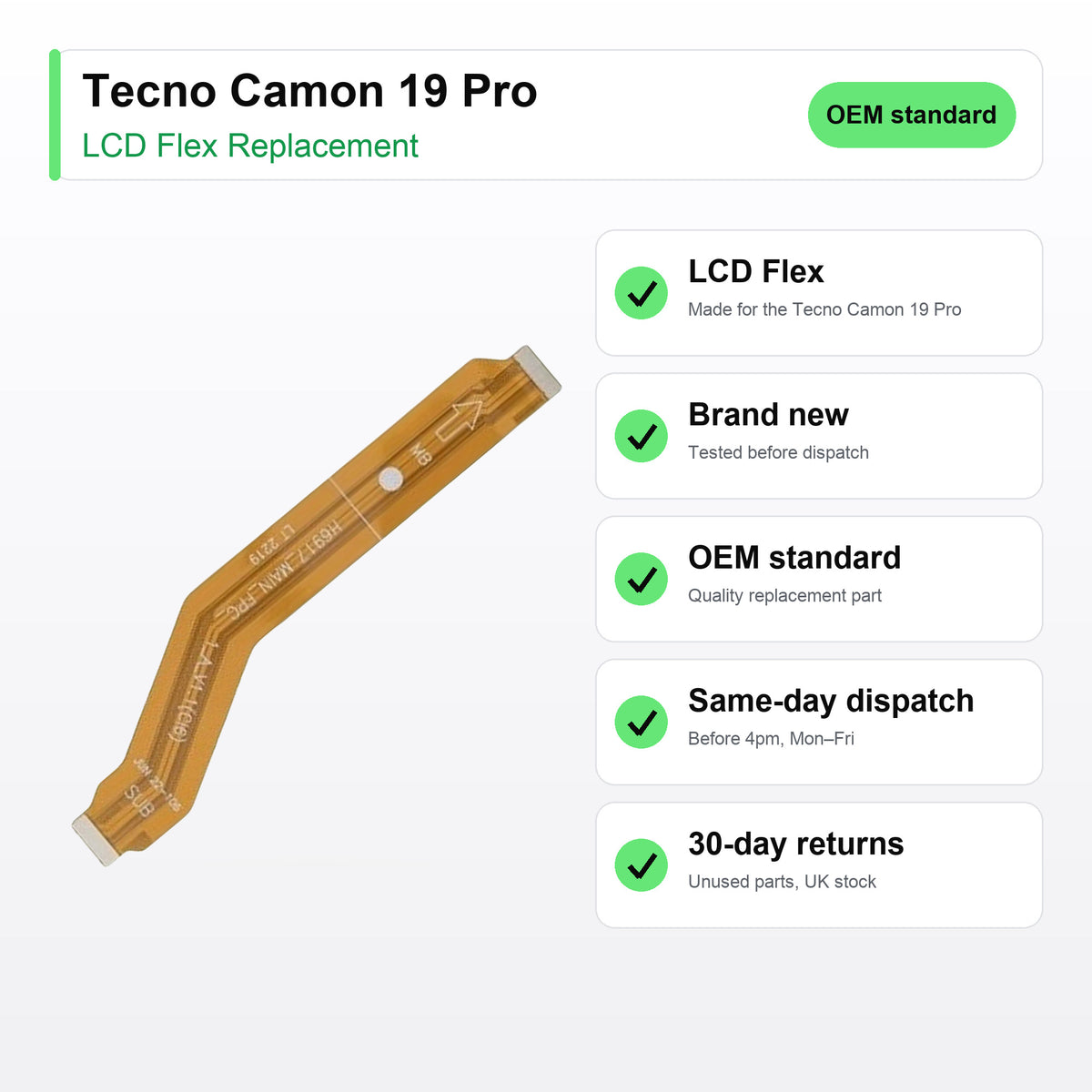 Tecno Camon 19 Pro LCD flex cable key facts: brand new, tested, same-day UK dispatch