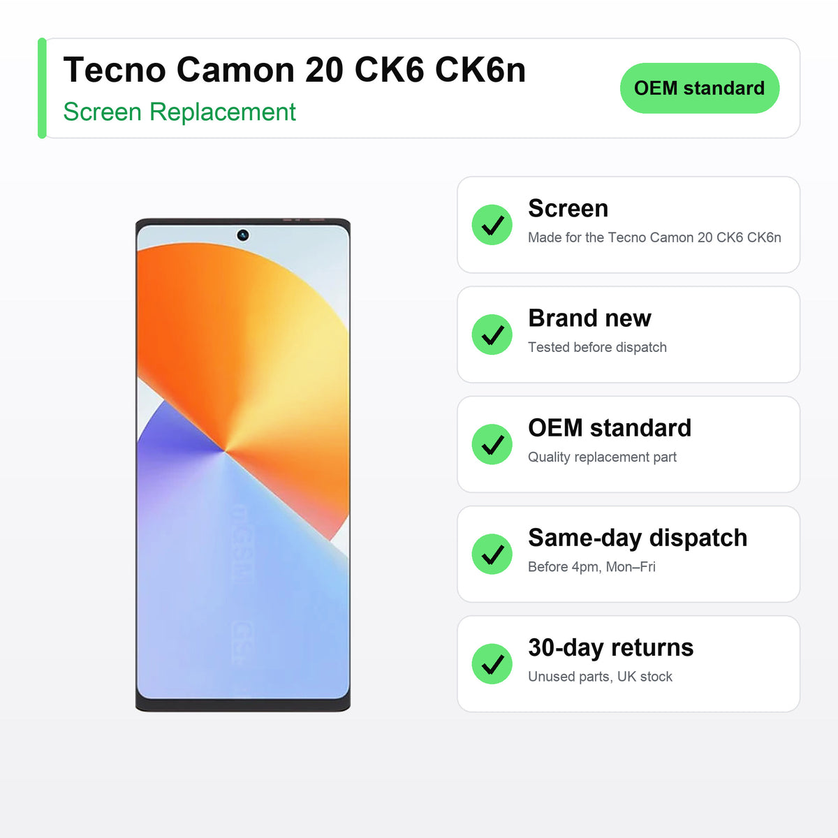 Tecno Camon 20 CK6 CK6n screen key facts: brand new, tested, same-day UK dispatch