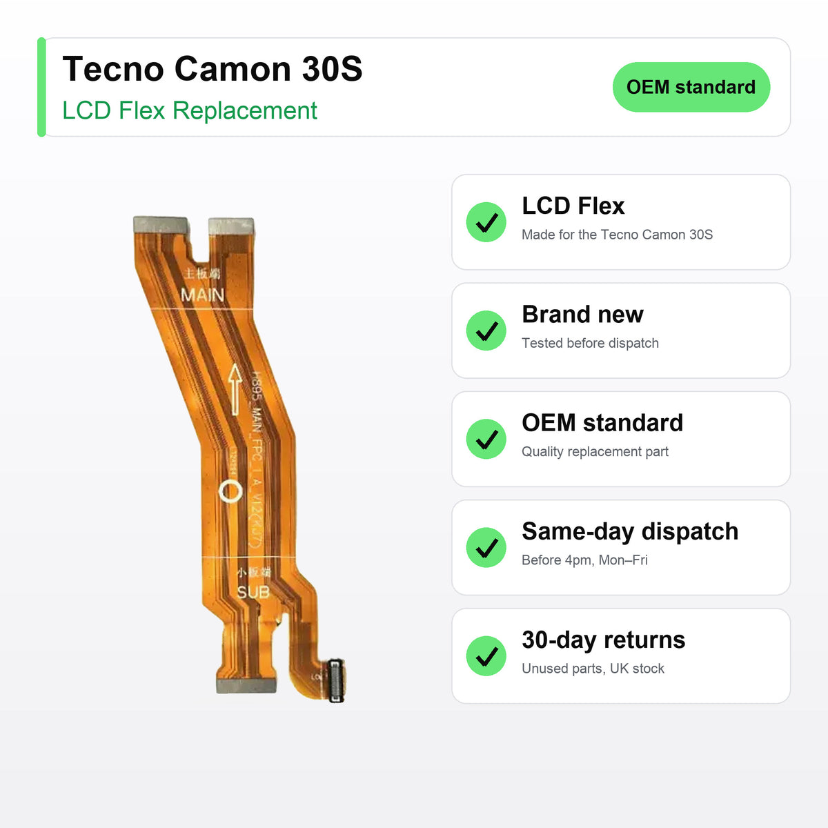 Tecno Camon 30S LCD flex cable key facts: brand new, tested, same-day UK dispatch