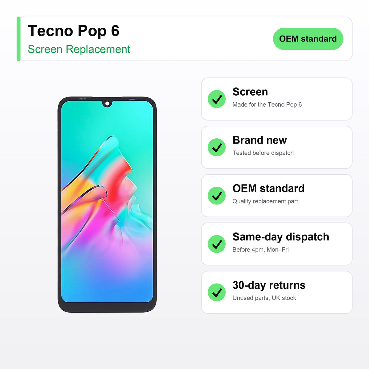 Tecno Pop 6 screen key facts: brand new, tested, same-day UK dispatch