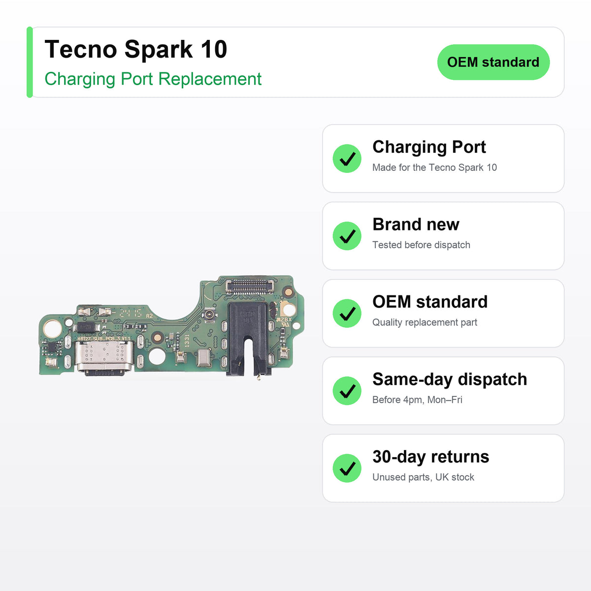 Tecno Spark 10 charging port key facts: brand new, tested, same-day UK dispatch
