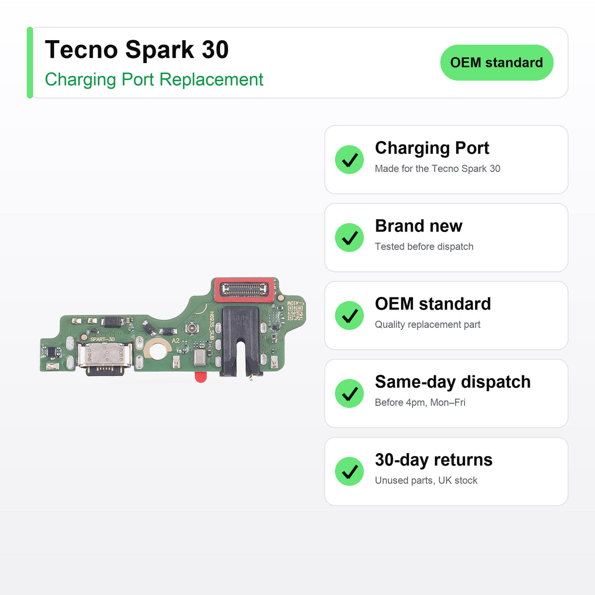 Tecno Spark 30 charging port key facts: brand new, tested, same-day UK dispatch