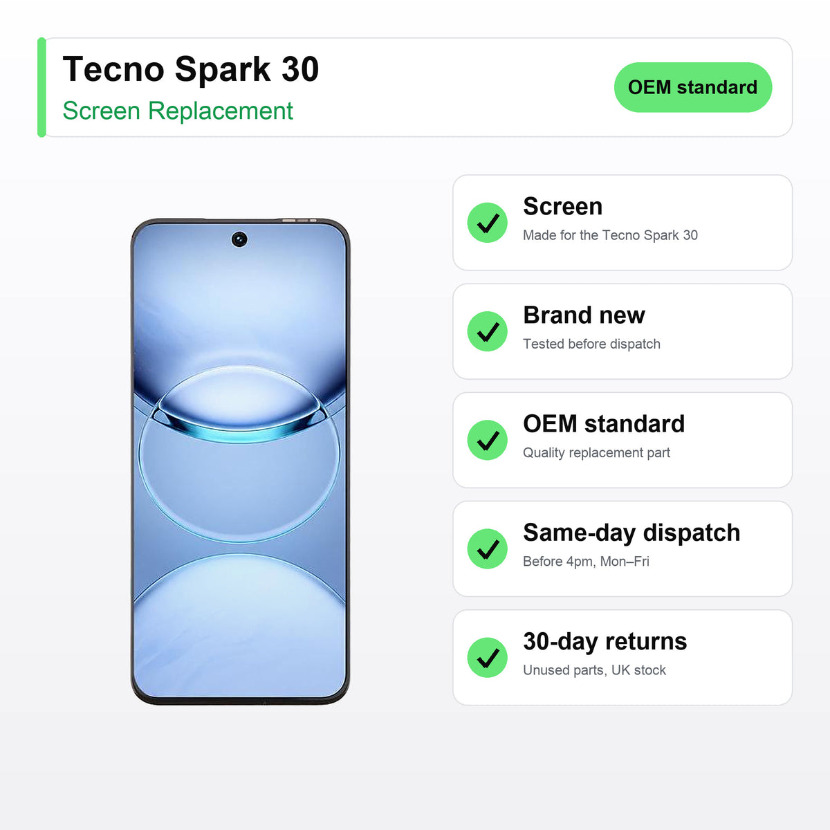 Tecno Spark 30 screen key facts: brand new, tested, same-day UK dispatch