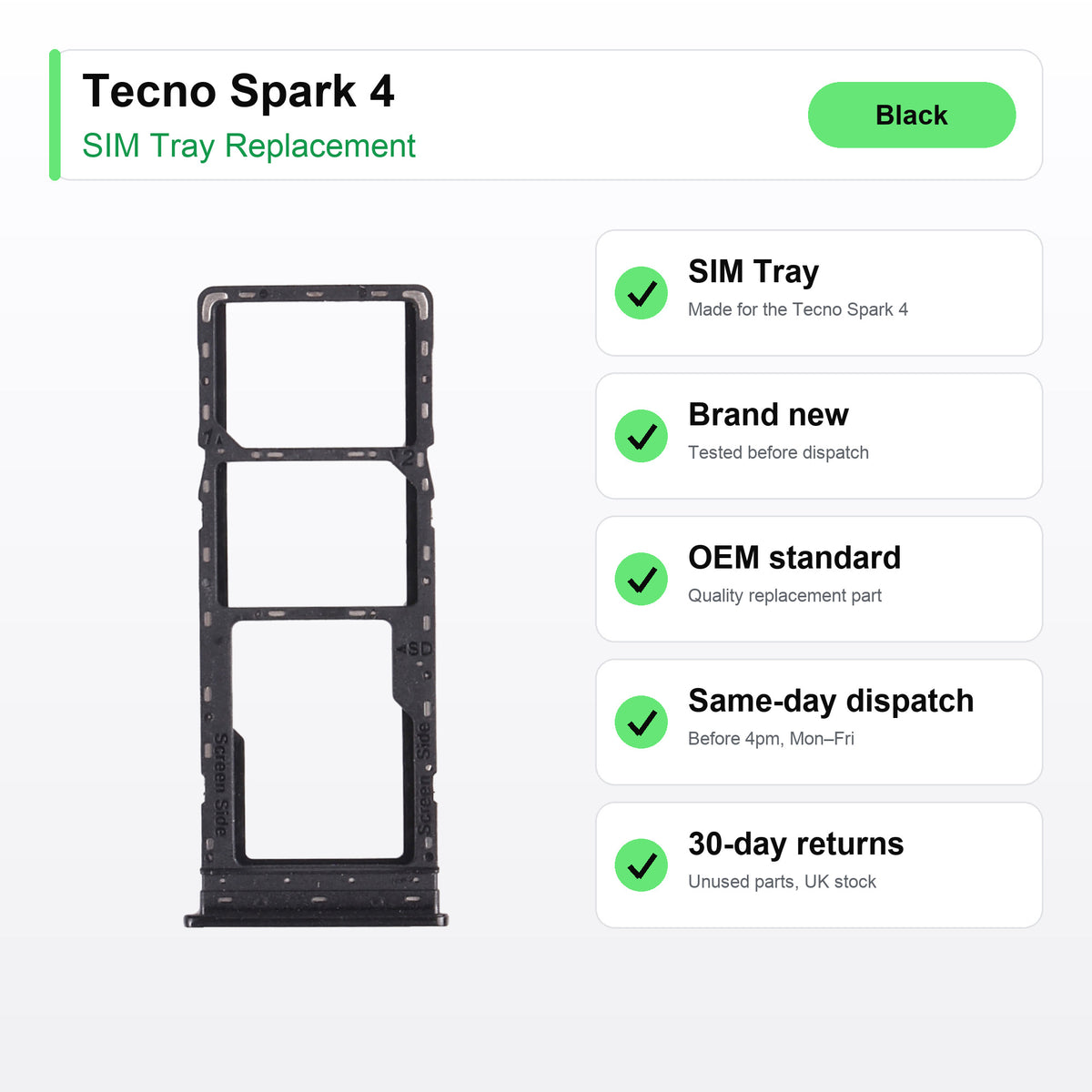 Tecno Spark 4 SIM tray key facts: brand new, tested, same-day UK dispatch