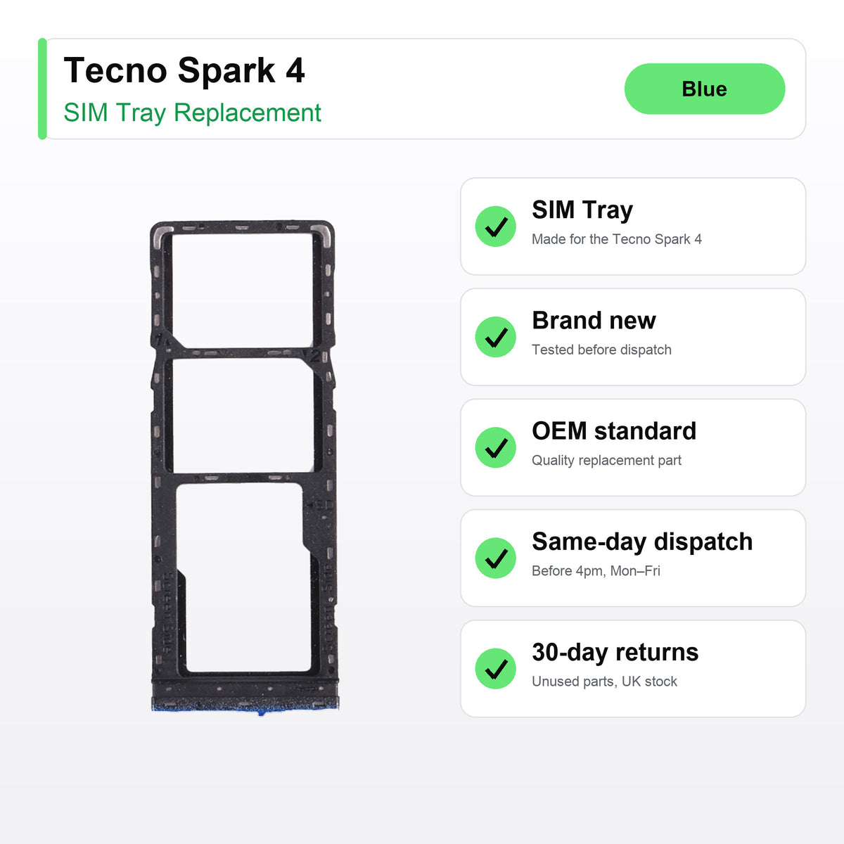 Tecno Spark 4 SIM tray key facts: brand new, tested, same-day UK dispatch
