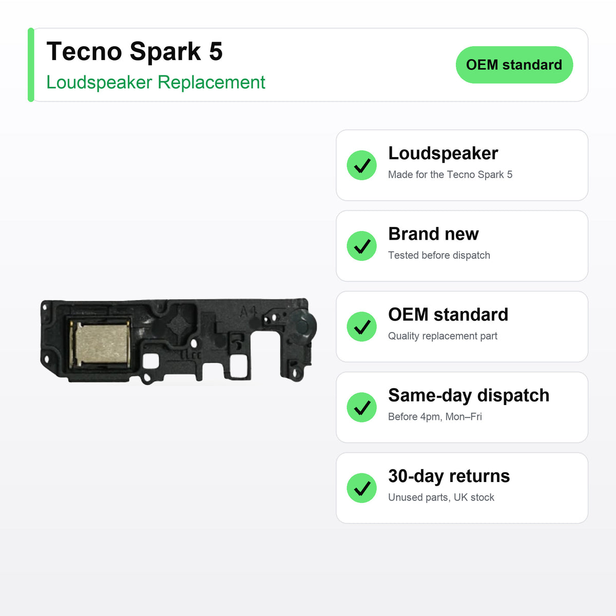 Tecno Spark 5 loudspeaker key facts: brand new, tested, same-day UK dispatch