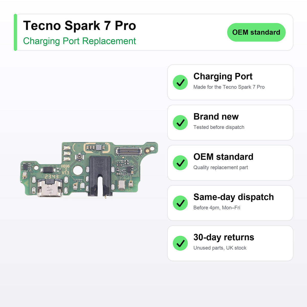 Tecno Spark 7 Pro charging port key facts: brand new, tested, same-day UK dispatch