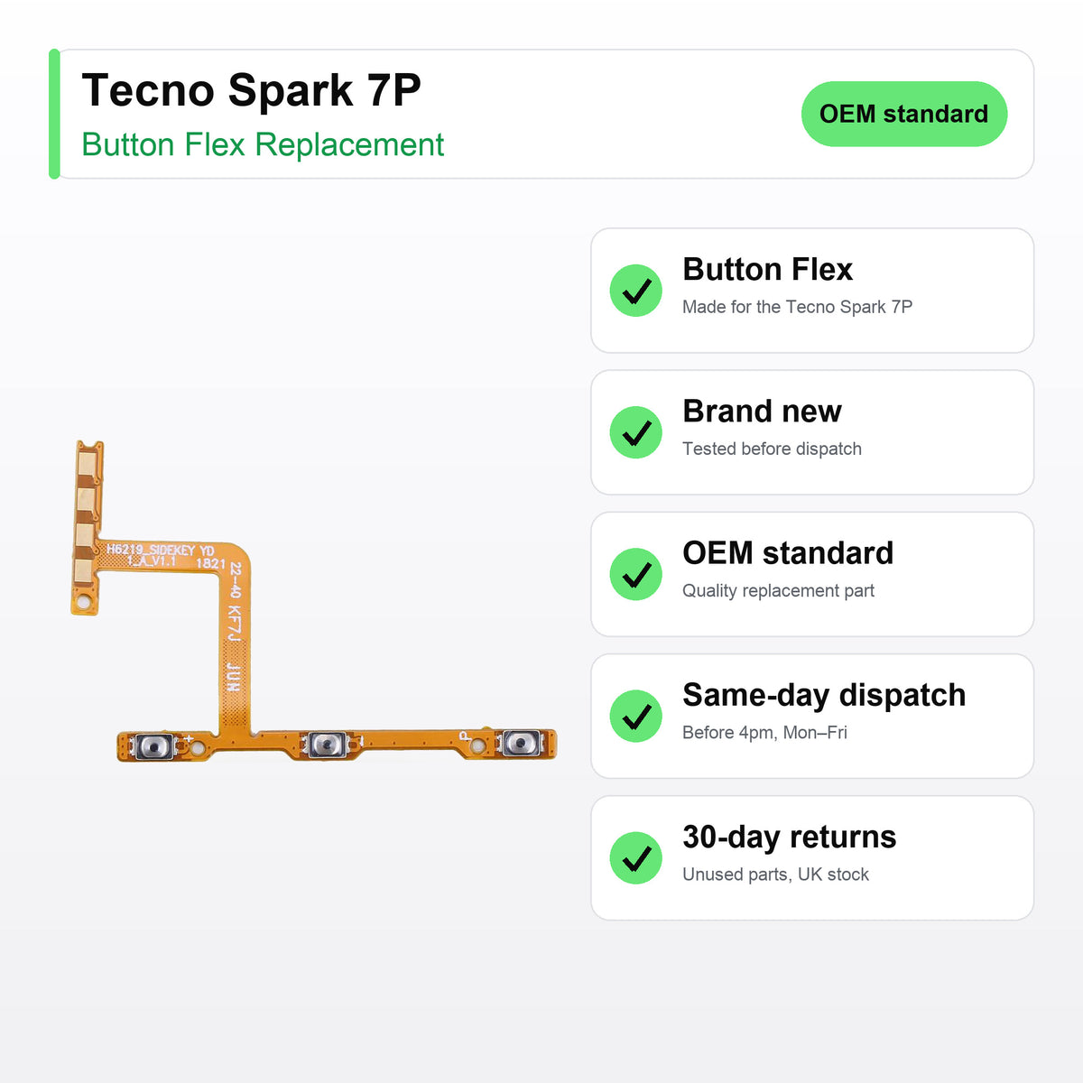 Tecno Spark 7P button flex key facts: brand new, tested, same-day UK dispatch
