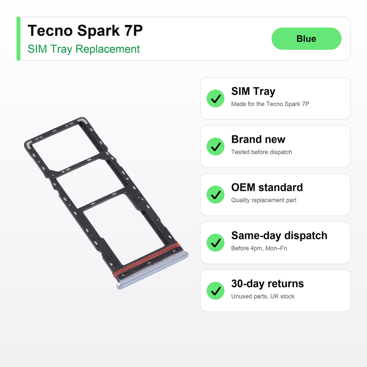 Tecno Spark 7P SIM tray key facts: brand new, tested, same-day UK dispatch