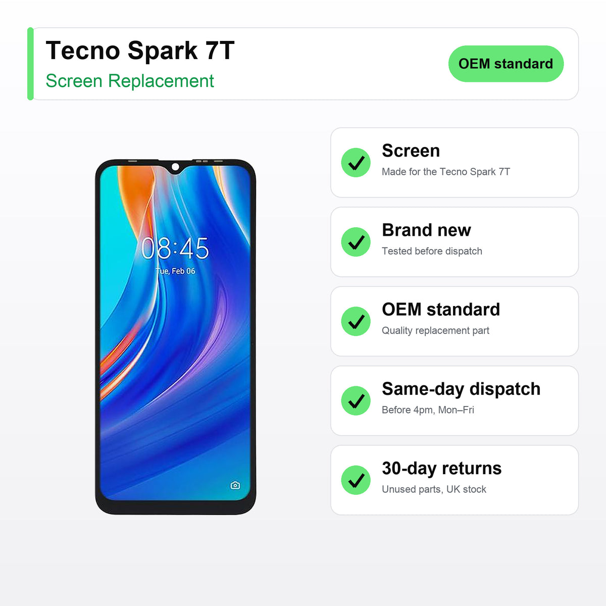 Tecno Spark 7T screen key facts: brand new, tested, same-day UK dispatch