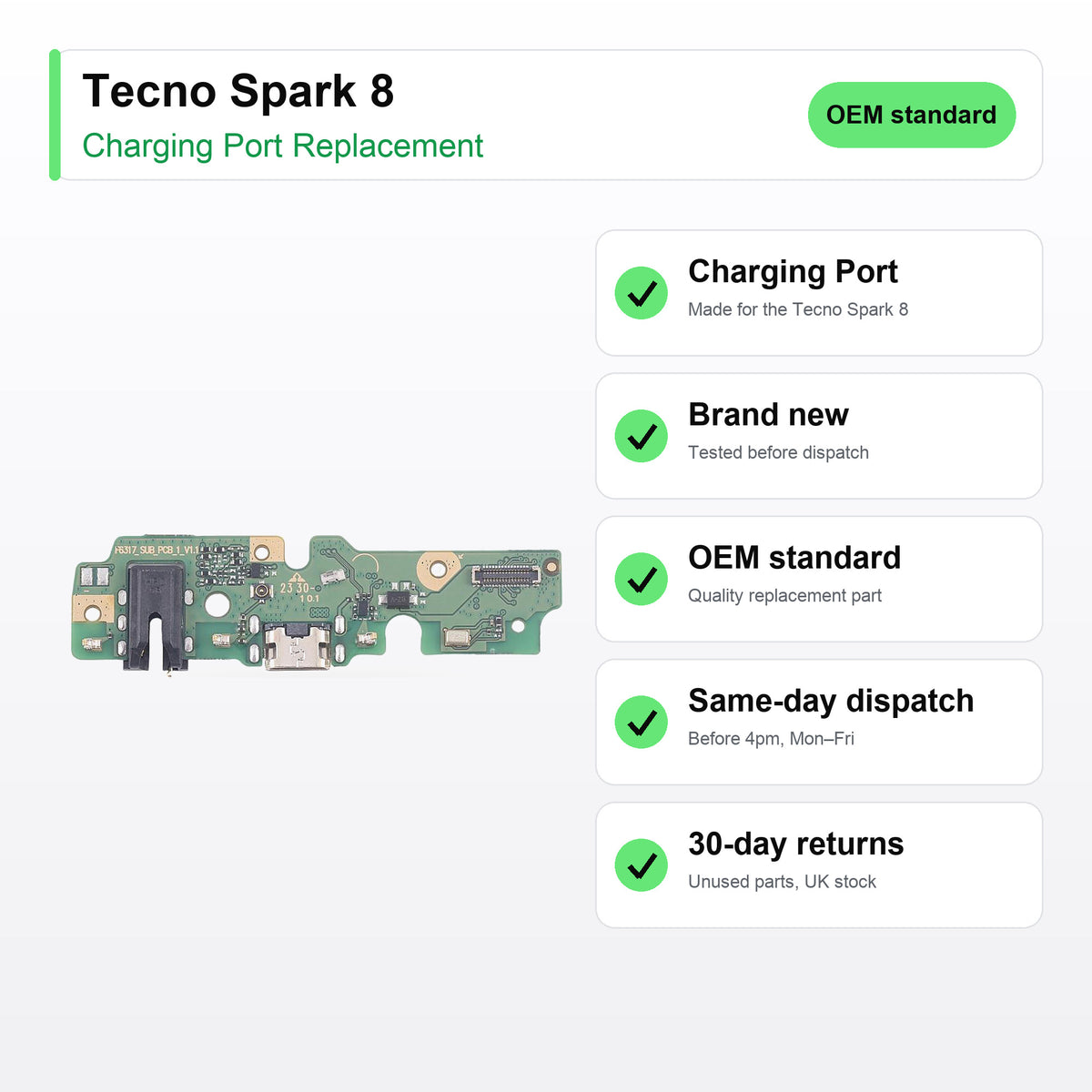 Tecno Spark 8 charging port key facts: brand new, tested, same-day UK dispatch