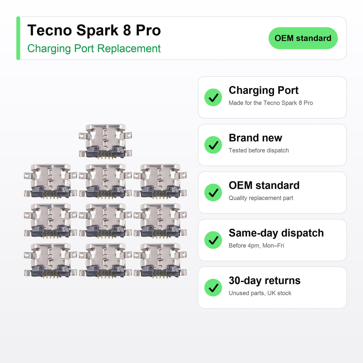 Tecno Spark 8 Pro charging port key facts: brand new, tested, same-day UK dispatch