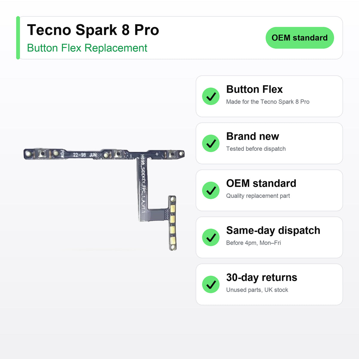 Tecno Spark 8 Pro button flex key facts: brand new, tested, same-day UK dispatch