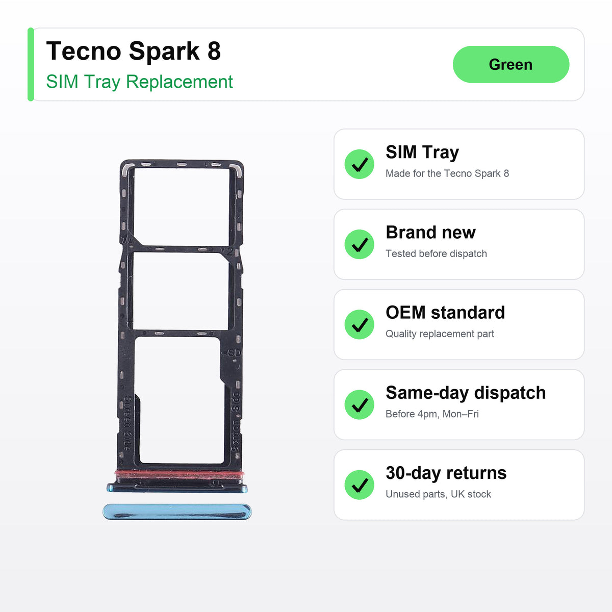 Tecno Spark 8 SIM tray key facts: brand new, tested, same-day UK dispatch