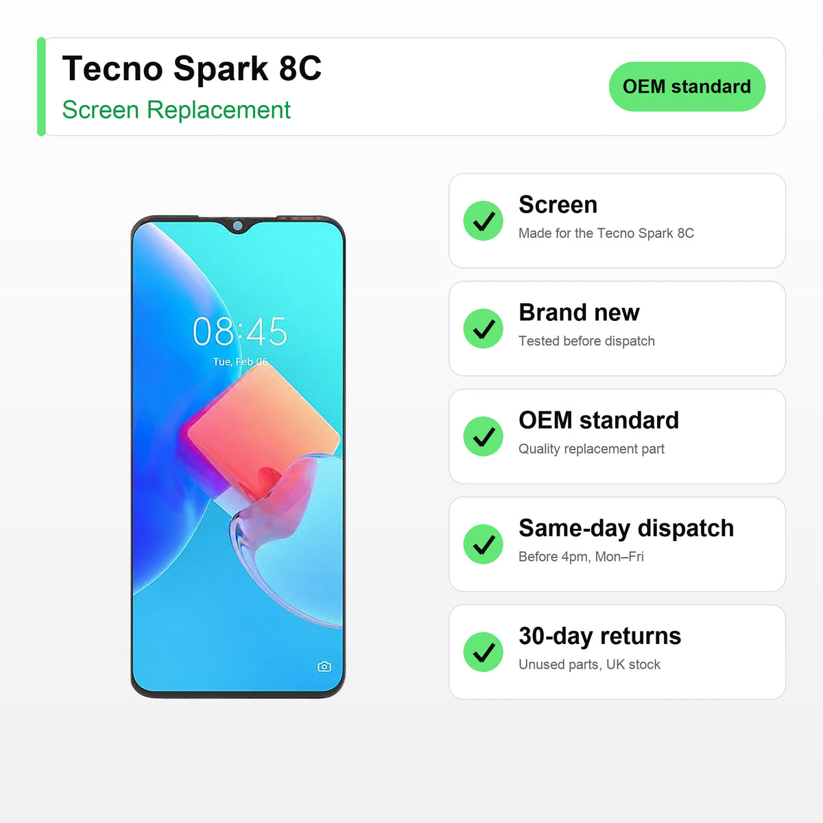 Tecno Spark 8C screen key facts: brand new, tested, same-day UK dispatch