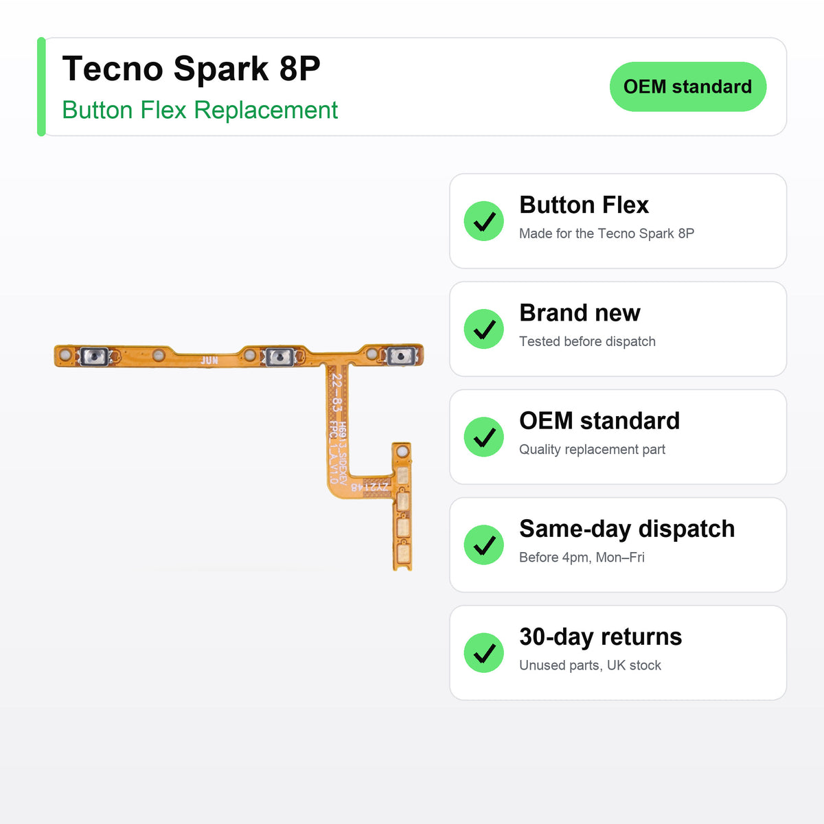 Tecno Spark 8P button flex key facts: brand new, tested, same-day UK dispatch