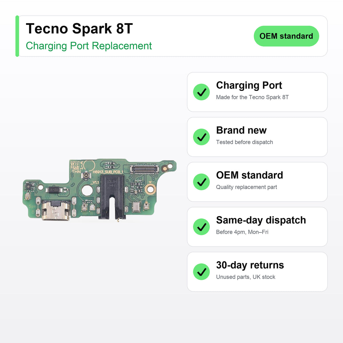 Tecno Spark 8T charging port key facts: brand new, tested, same-day UK dispatch