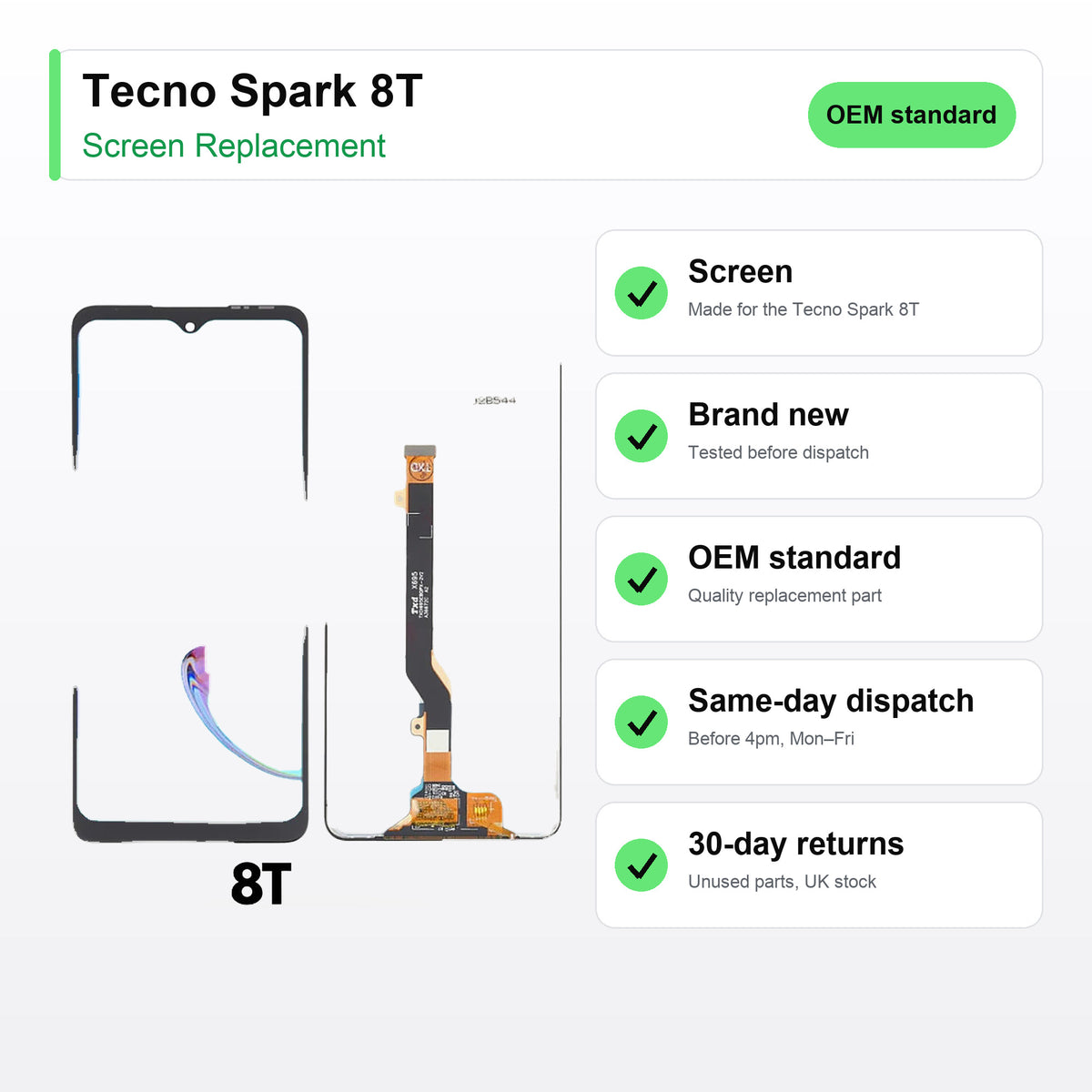 Tecno Spark 8T screen key facts: brand new, tested, same-day UK dispatch