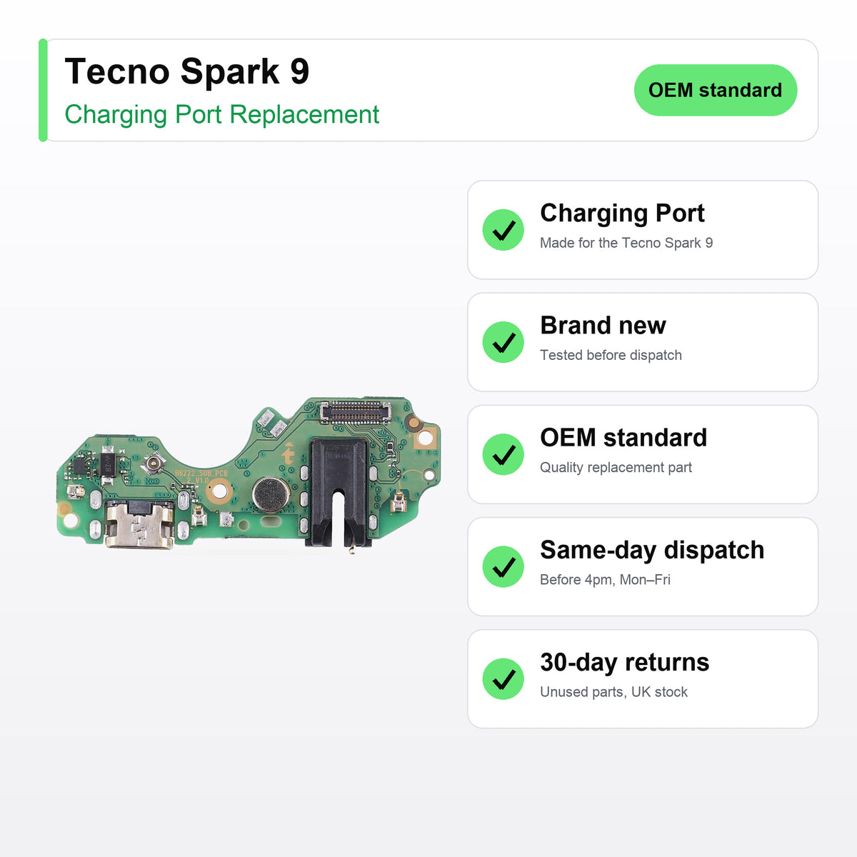Tecno Spark 9 charging port key facts: brand new, tested, same-day UK dispatch