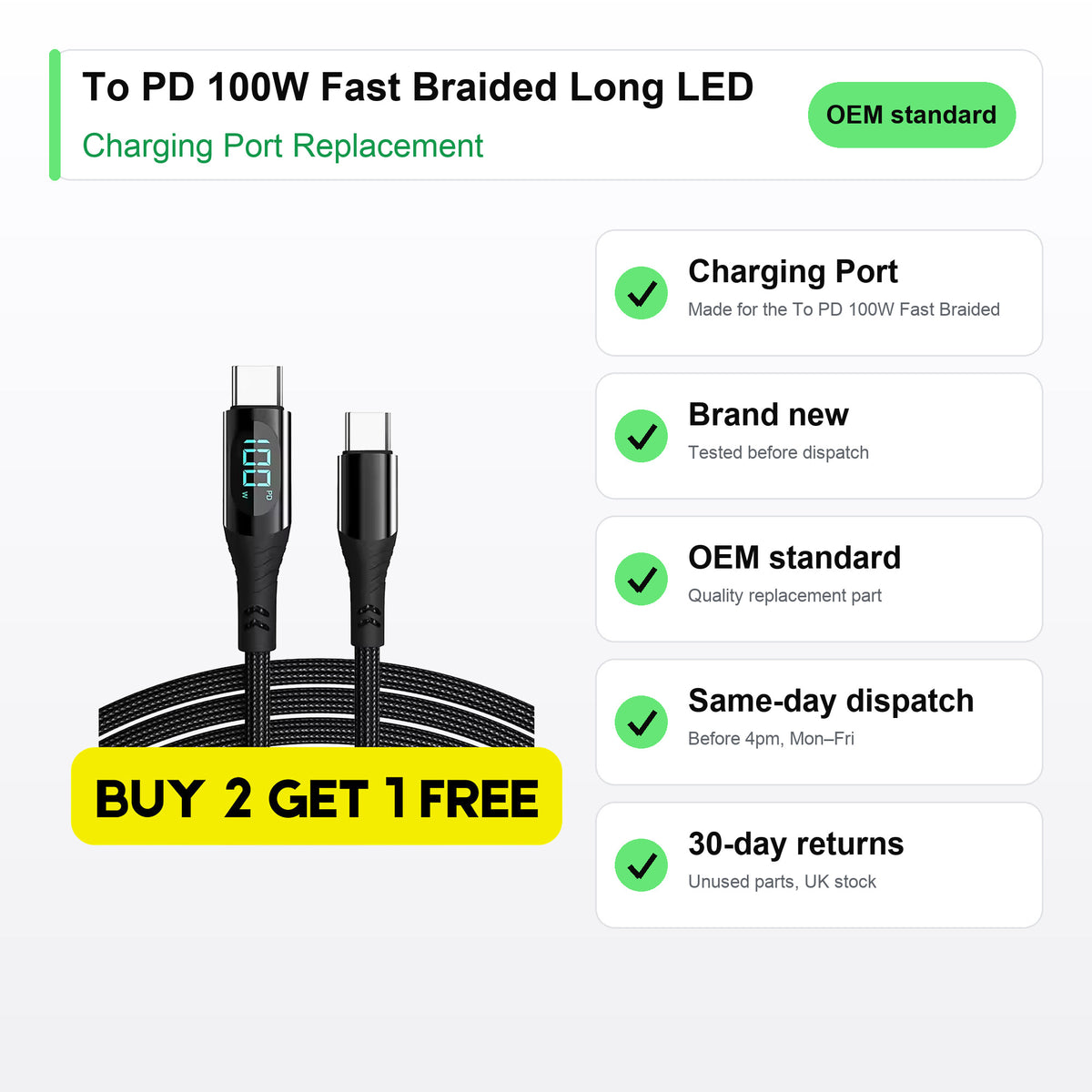 To PD 100W Fast Braided Long LED Samsung S25 charging port key facts: brand new, tested, same-day UK dispatch