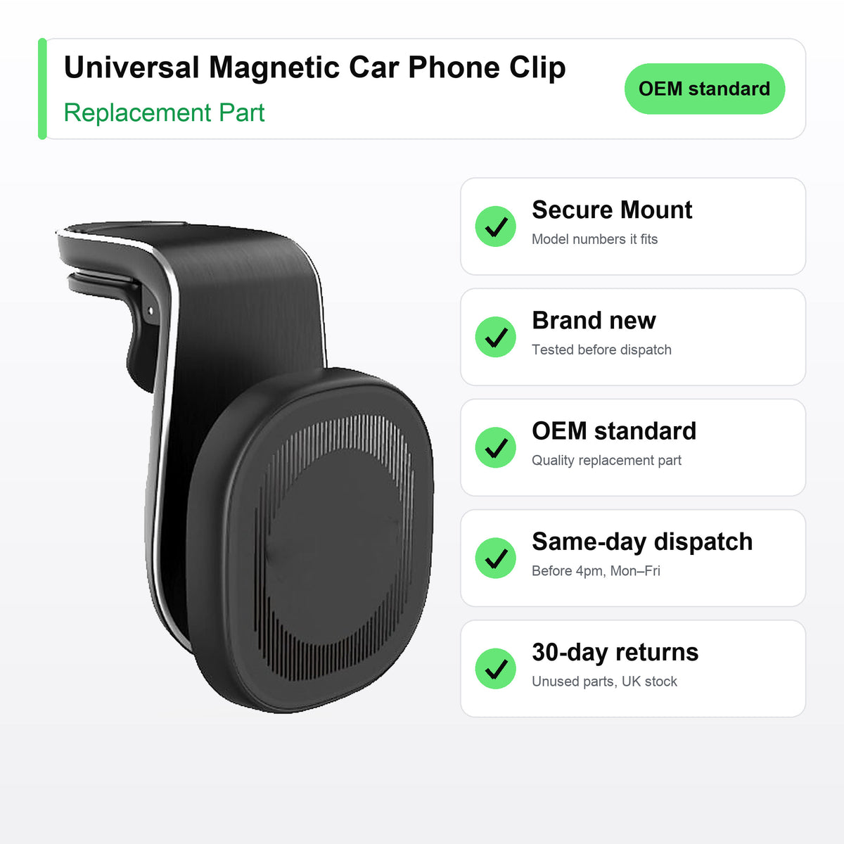 Universal Magnetic Car Phone Clip Secure Mount part key facts: brand new, tested, same-day UK dispatch