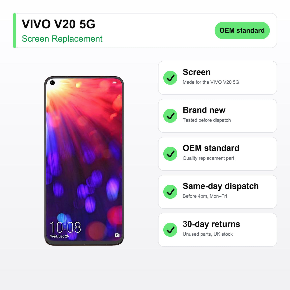 VIVO V20 5G screen key facts: brand new, tested, same-day UK dispatch