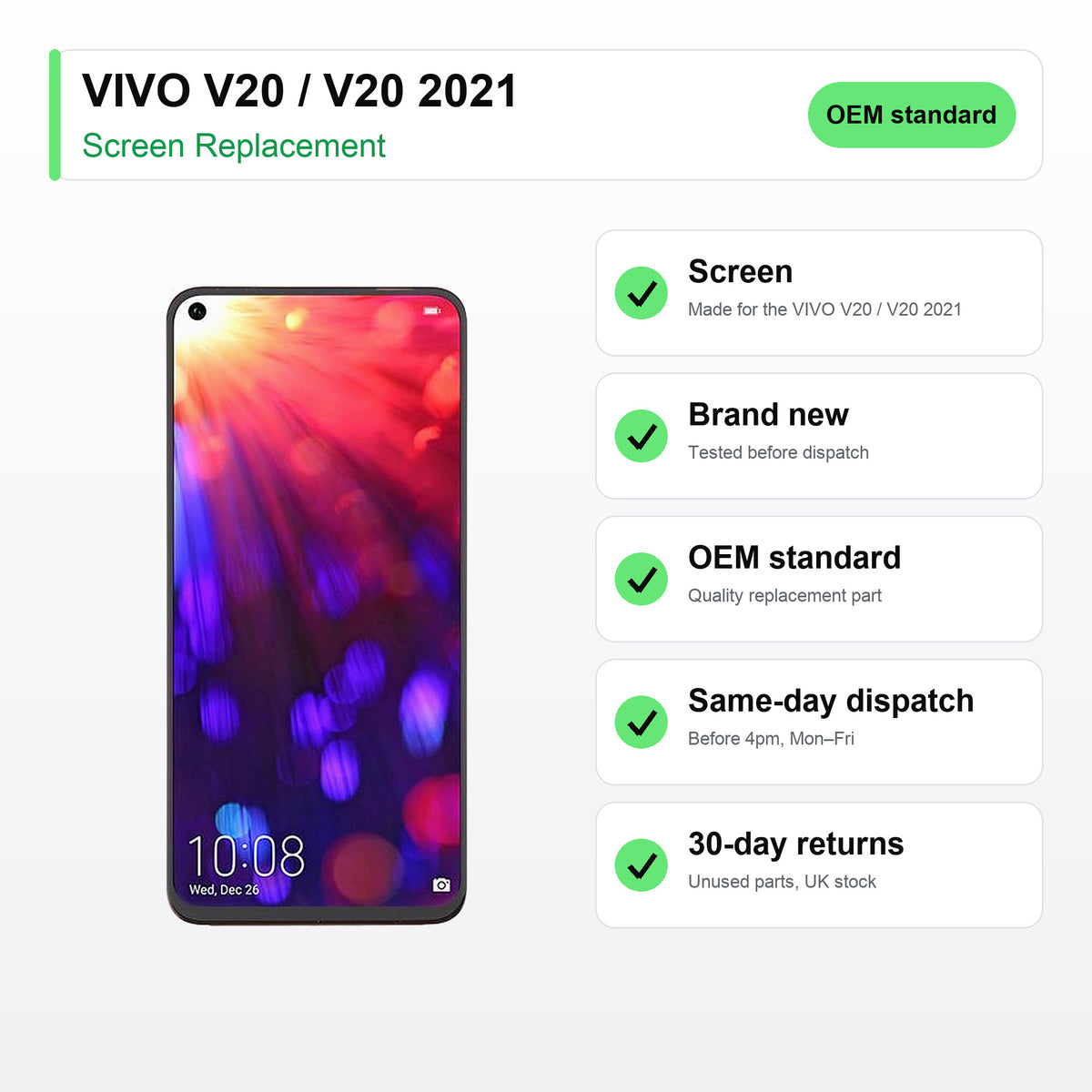 VIVO V20 / V20 2021 screen key facts: brand new, tested, same-day UK dispatch
