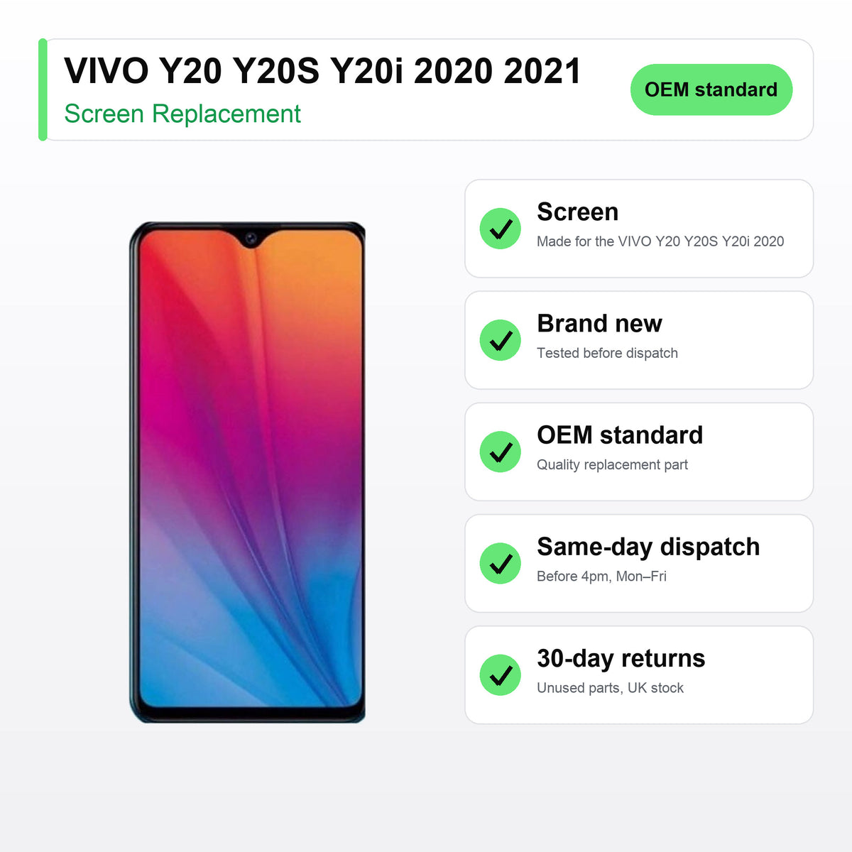 VIVO Y20 Y20S Y20i 2020 2021 screen key facts: brand new, tested, same-day UK dispatch