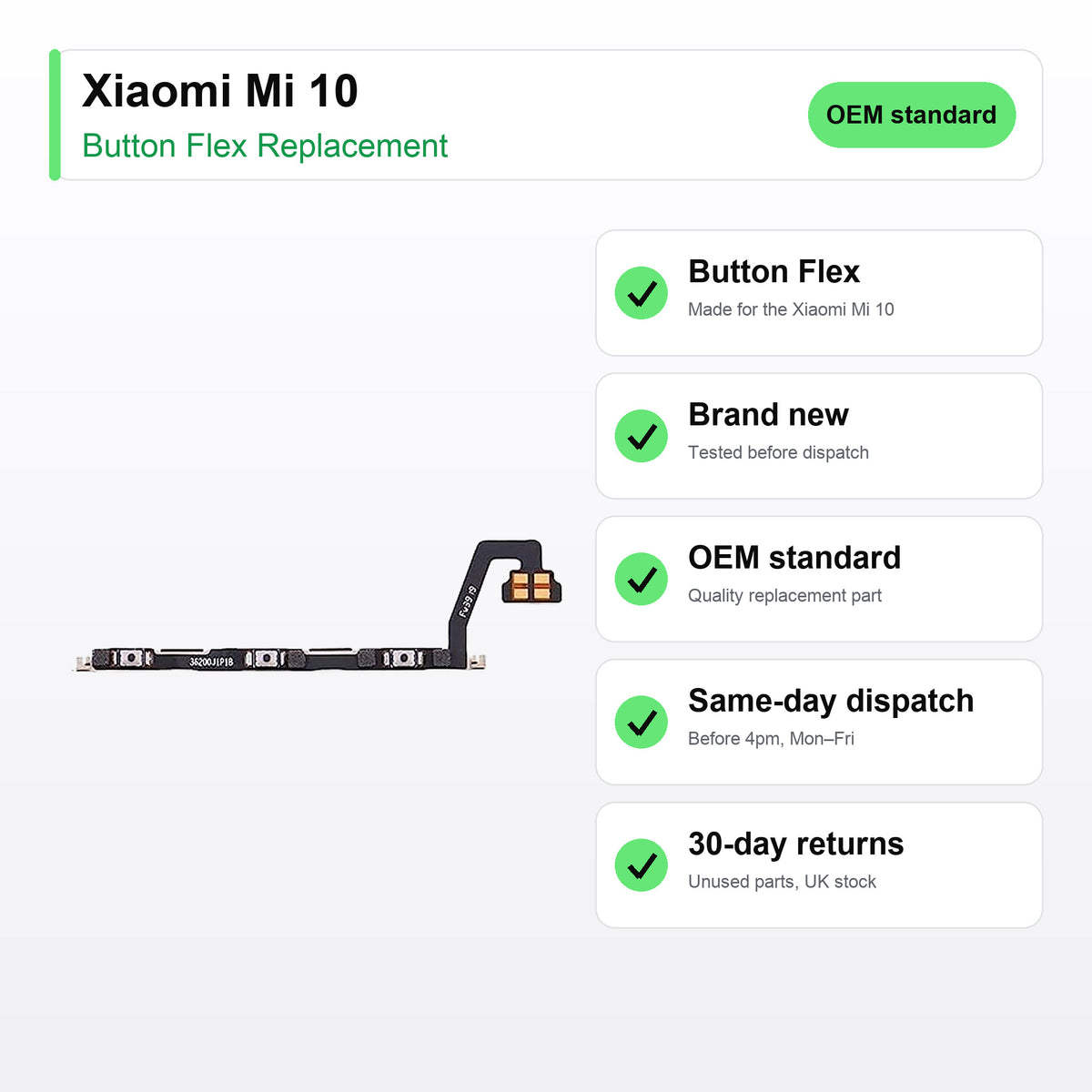 Xiaomi Mi 10 button flex key facts: brand new, tested, same-day UK dispatch