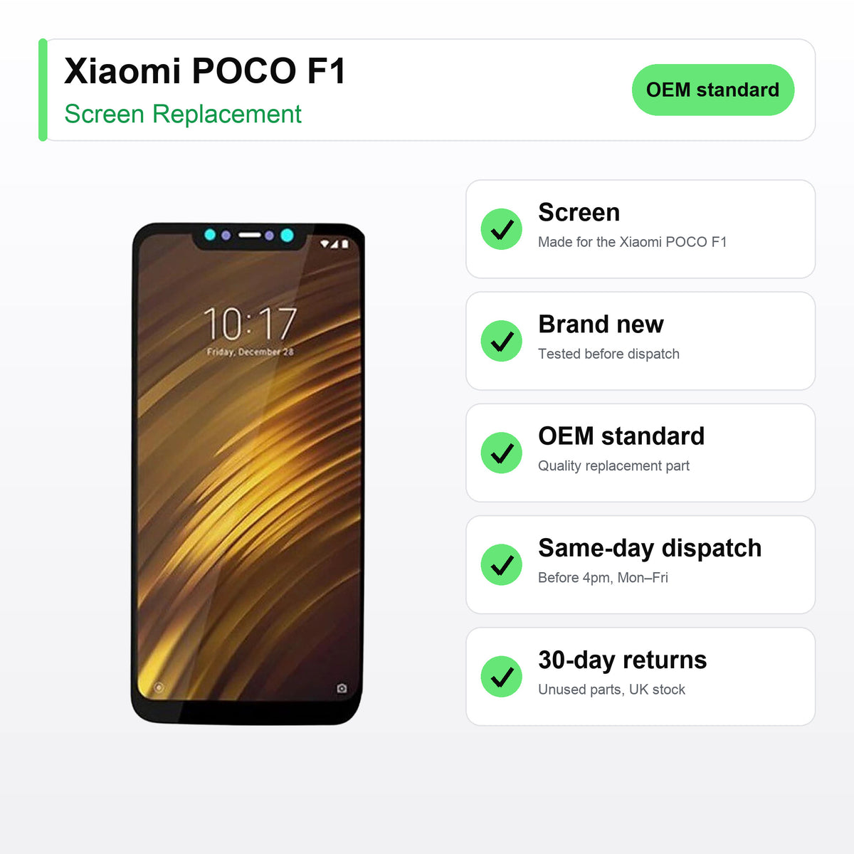 Xiaomi POCO F1 screen key facts: brand new, tested, same-day UK dispatch