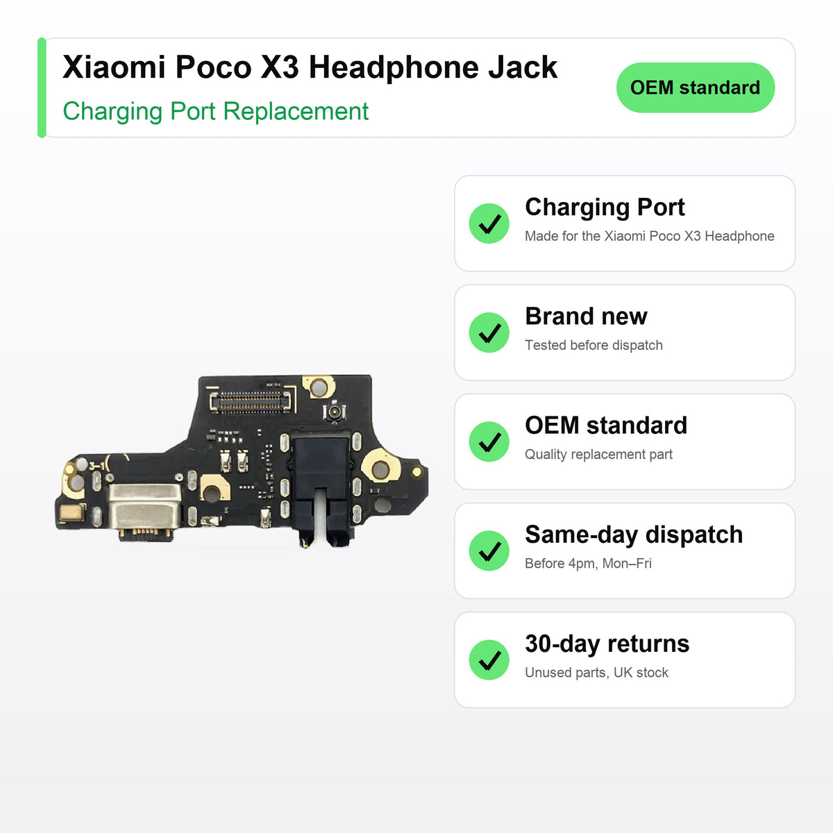 Xiaomi Poco X3 Headphone Jack charging port key facts: brand new, tested, same-day UK dispatch
