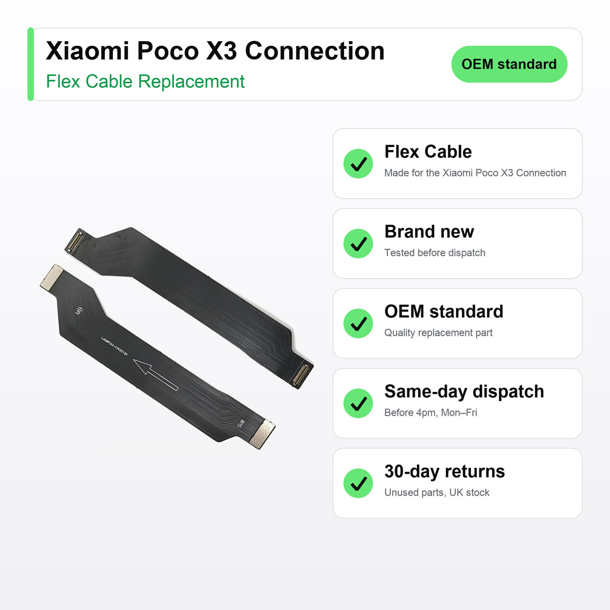 Xiaomi Poco X3 Connection flex cable key facts: brand new, tested, same-day UK dispatch