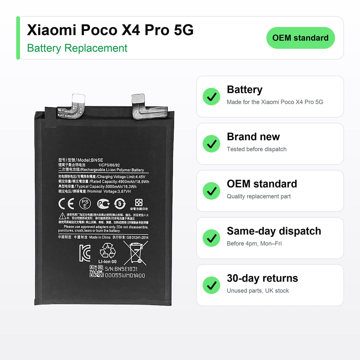Xiaomi Poco X4 Pro 5G battery key facts: brand new, tested, same-day UK dispatch