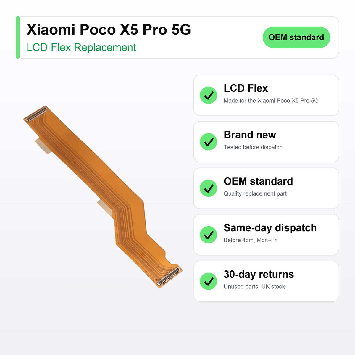 Xiaomi Poco X5 Pro 5G LCD flex cable key facts: brand new, tested, same-day UK dispatch