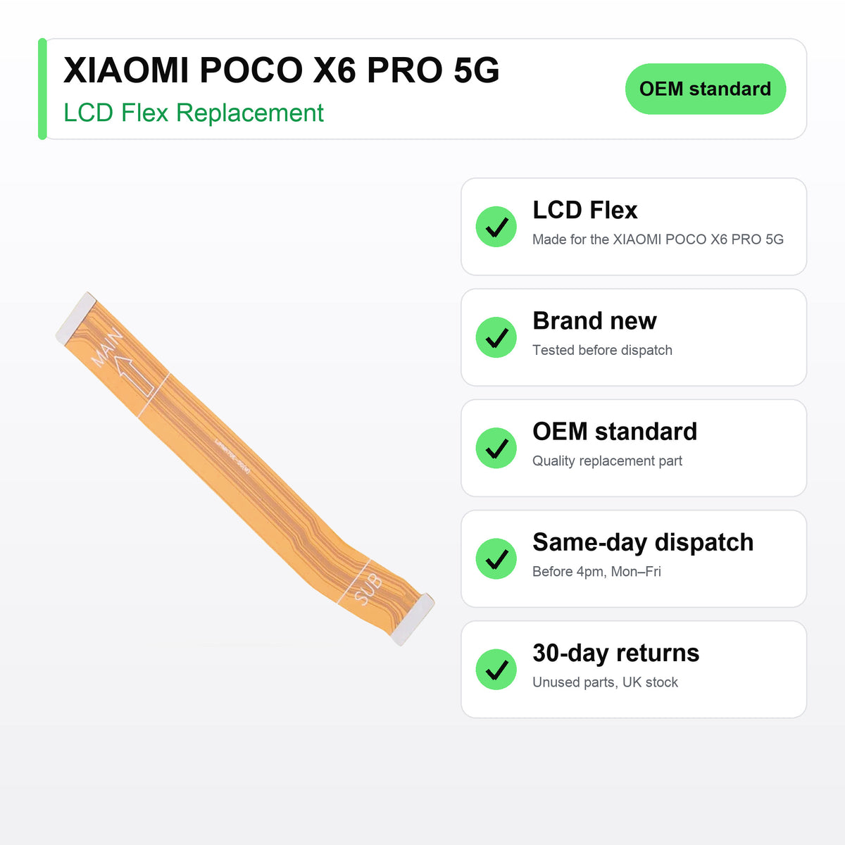 XIAOMI POCO X6 PRO 5G LCD flex cable key facts: brand new, tested, same-day UK dispatch