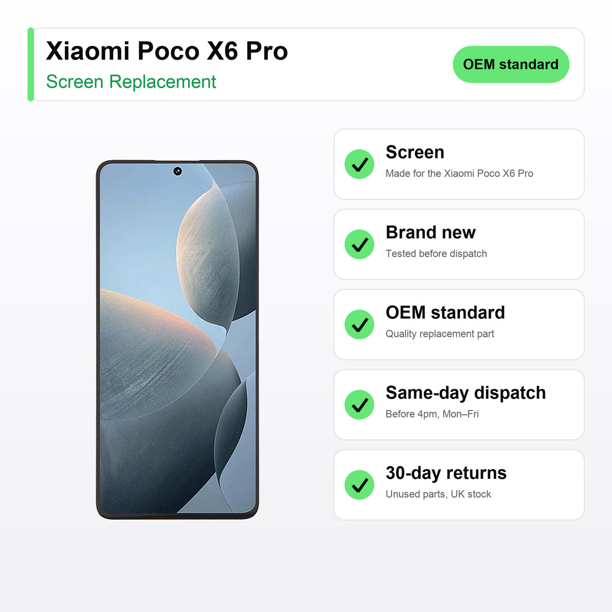 Xiaomi Poco X6 Pro screen key facts: brand new, tested, same-day UK dispatch