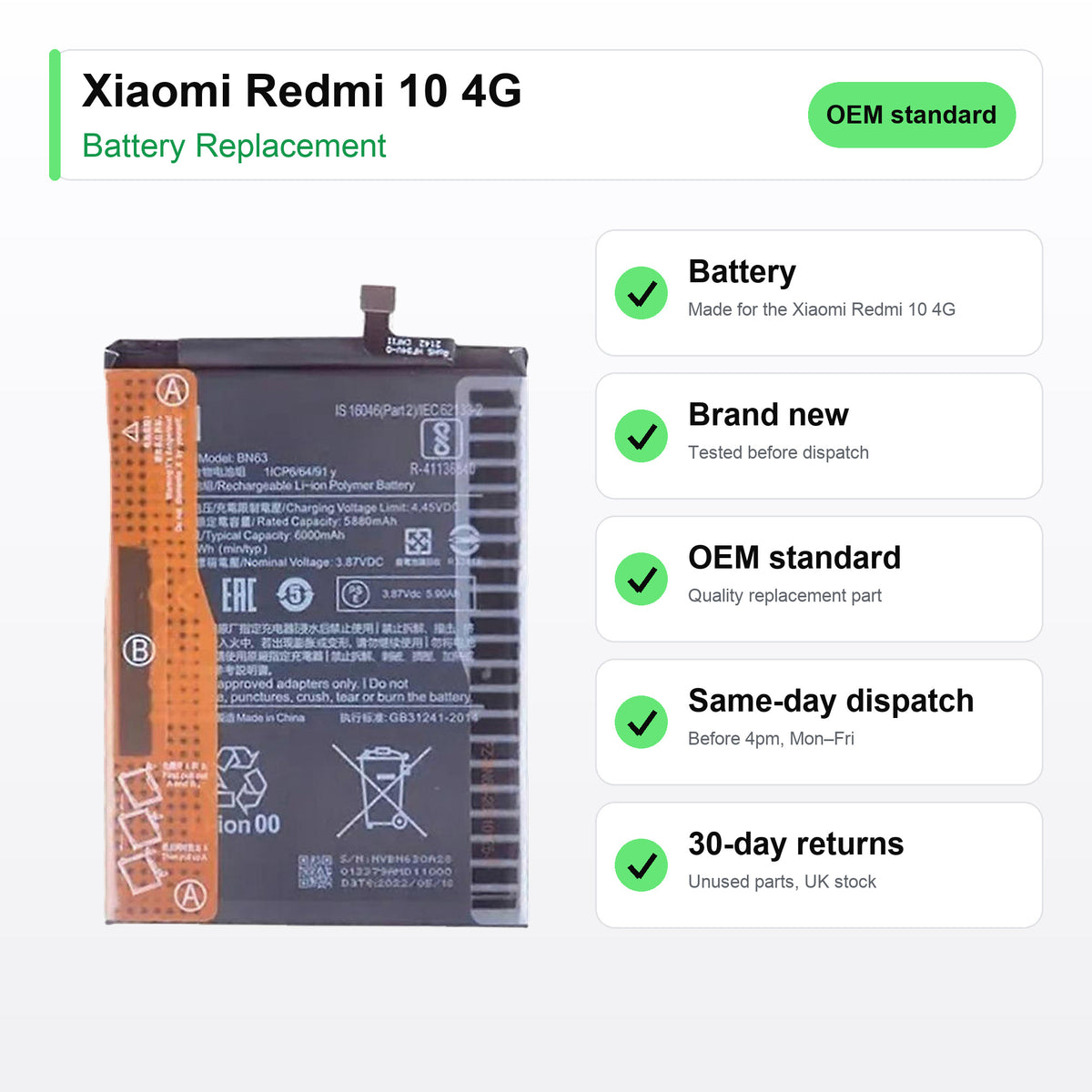 Xiaomi Redmi 10 4G battery key facts: brand new, tested, same-day UK dispatch