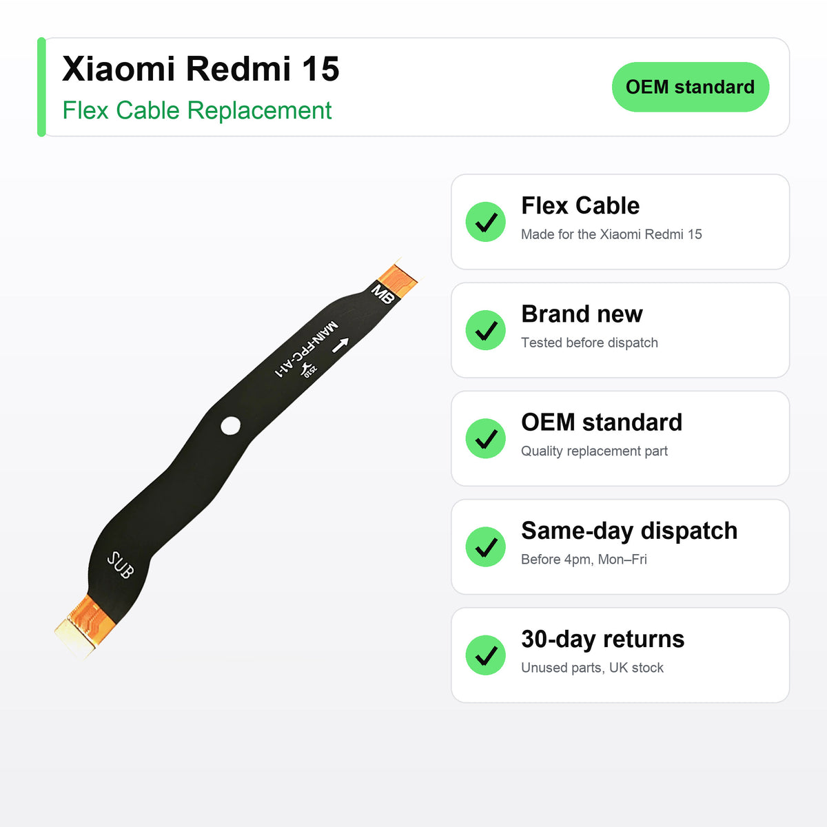 Xiaomi Redmi 15 flex cable key facts: brand new, tested, same-day UK dispatch