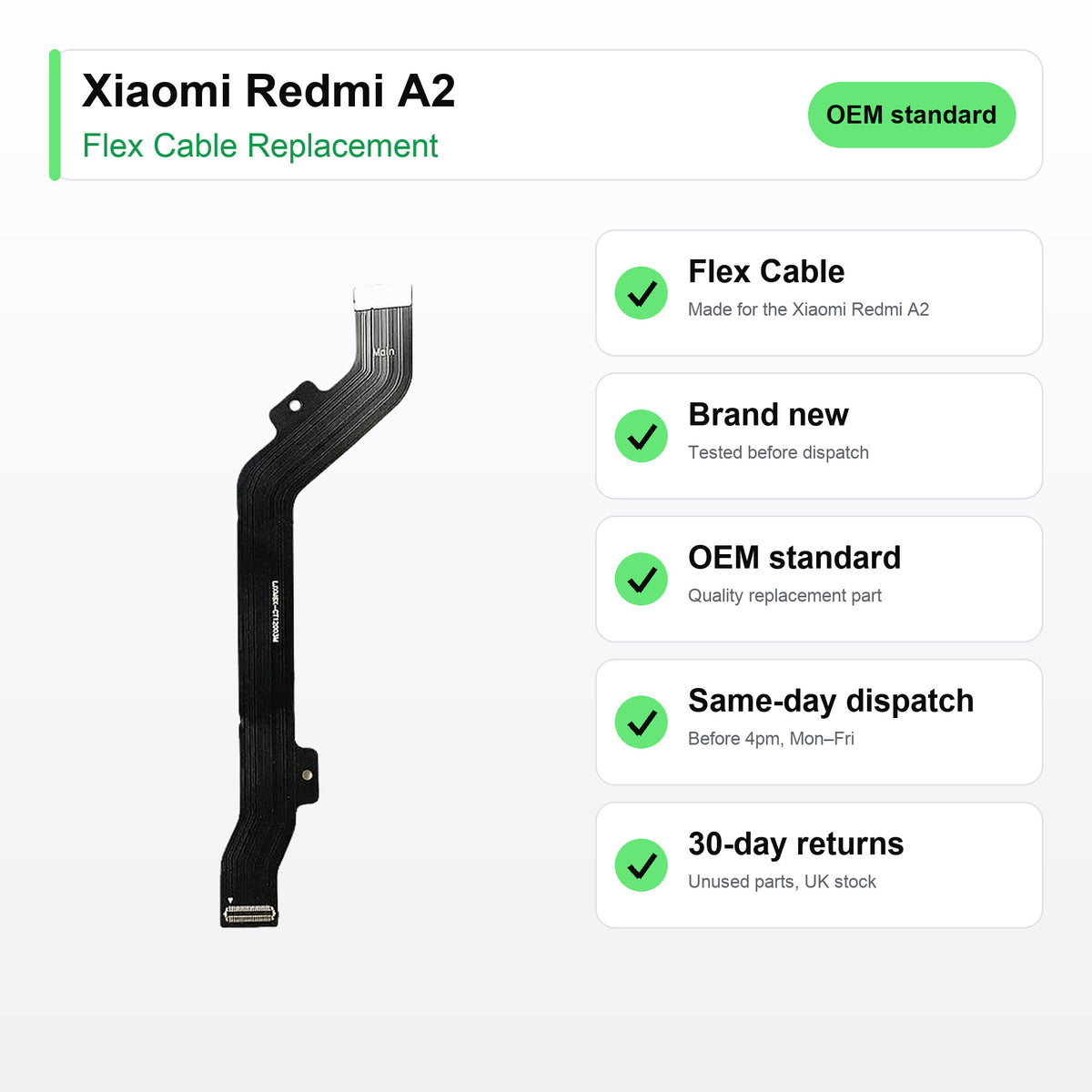 Xiaomi Redmi A2 flex cable key facts: brand new, tested, same-day UK dispatch