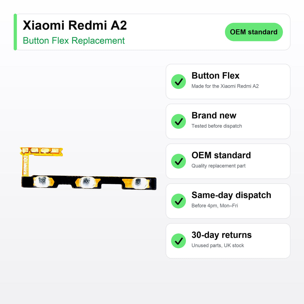 Xiaomi Redmi A2 button flex key facts: brand new, tested, same-day UK dispatch