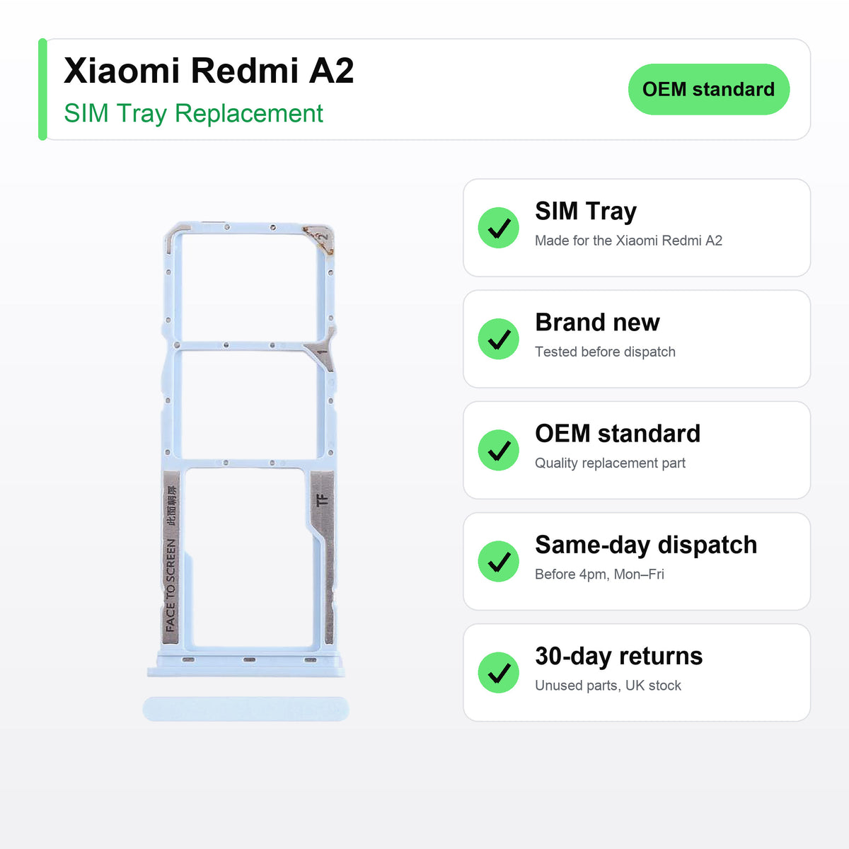 Xiaomi Redmi A2 SIM tray key facts: brand new, tested, same-day UK dispatch