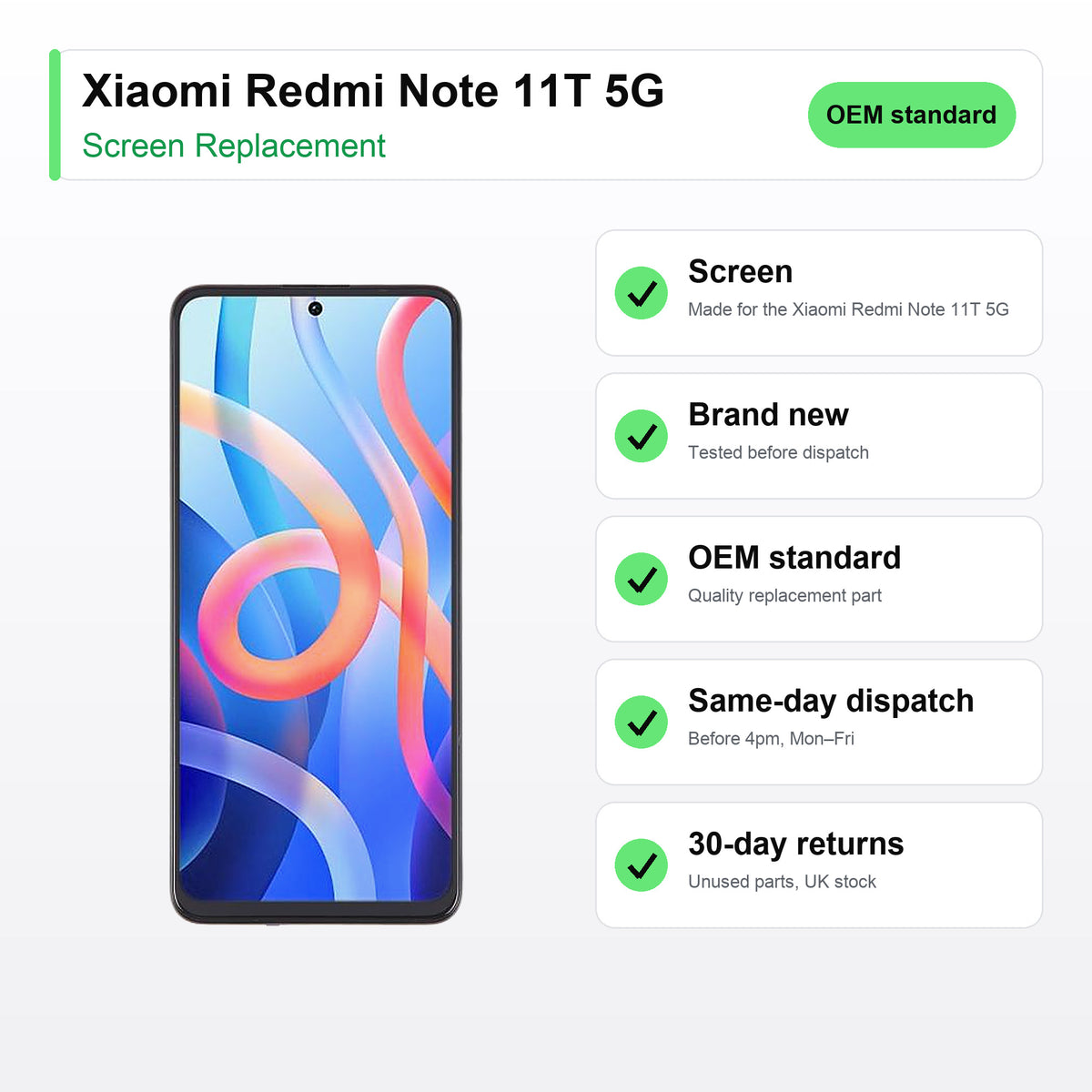 Xiaomi Redmi Note 11T 5G screen key facts: brand new, tested, same-day UK dispatch