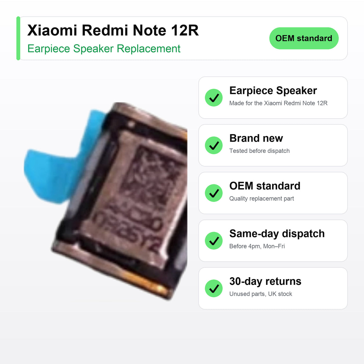 Xiaomi Redmi Note 12R earpiece speaker key facts: brand new, tested, same-day UK dispatch