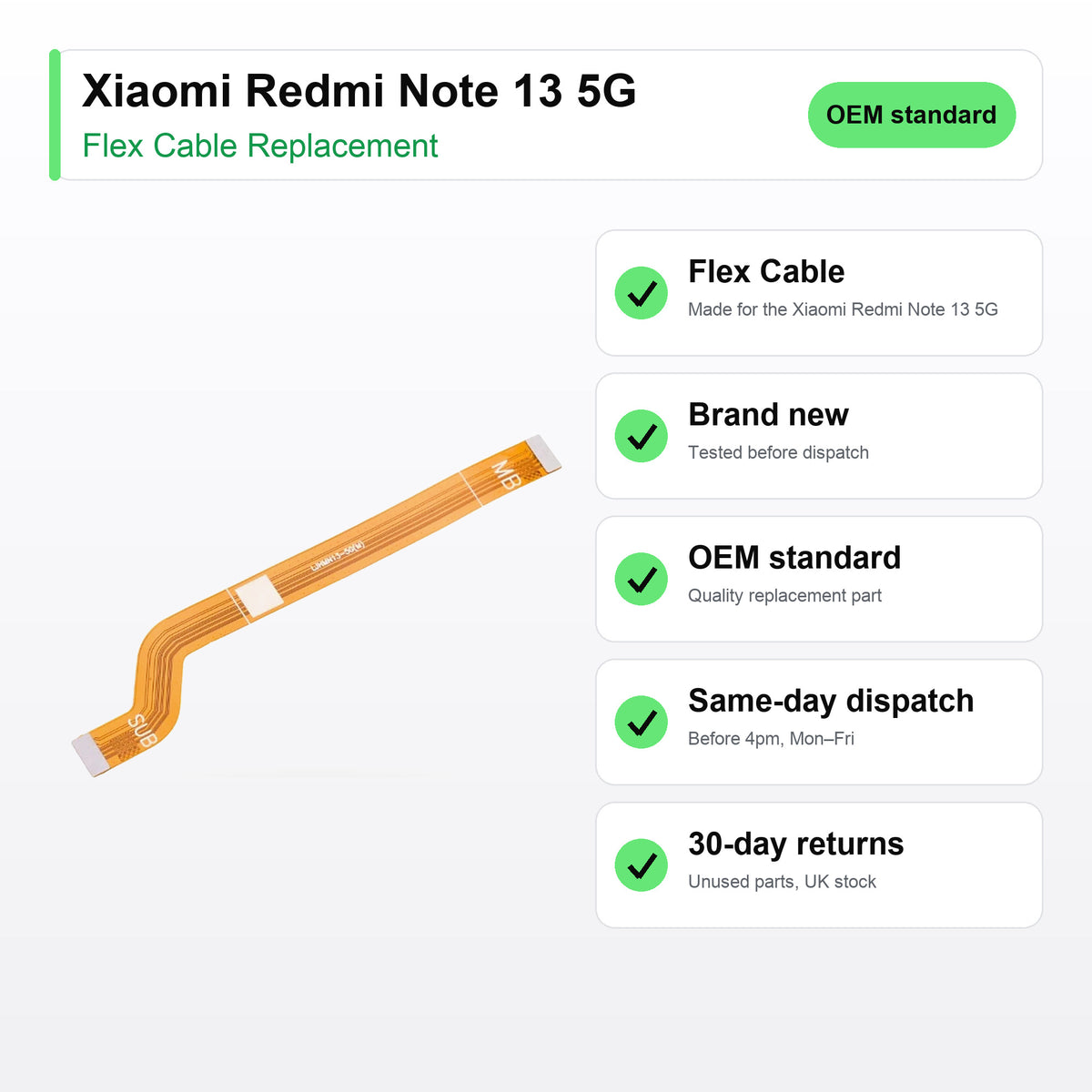 Xiaomi Redmi Note 13 5G flex cable key facts: brand new, tested, same-day UK dispatch
