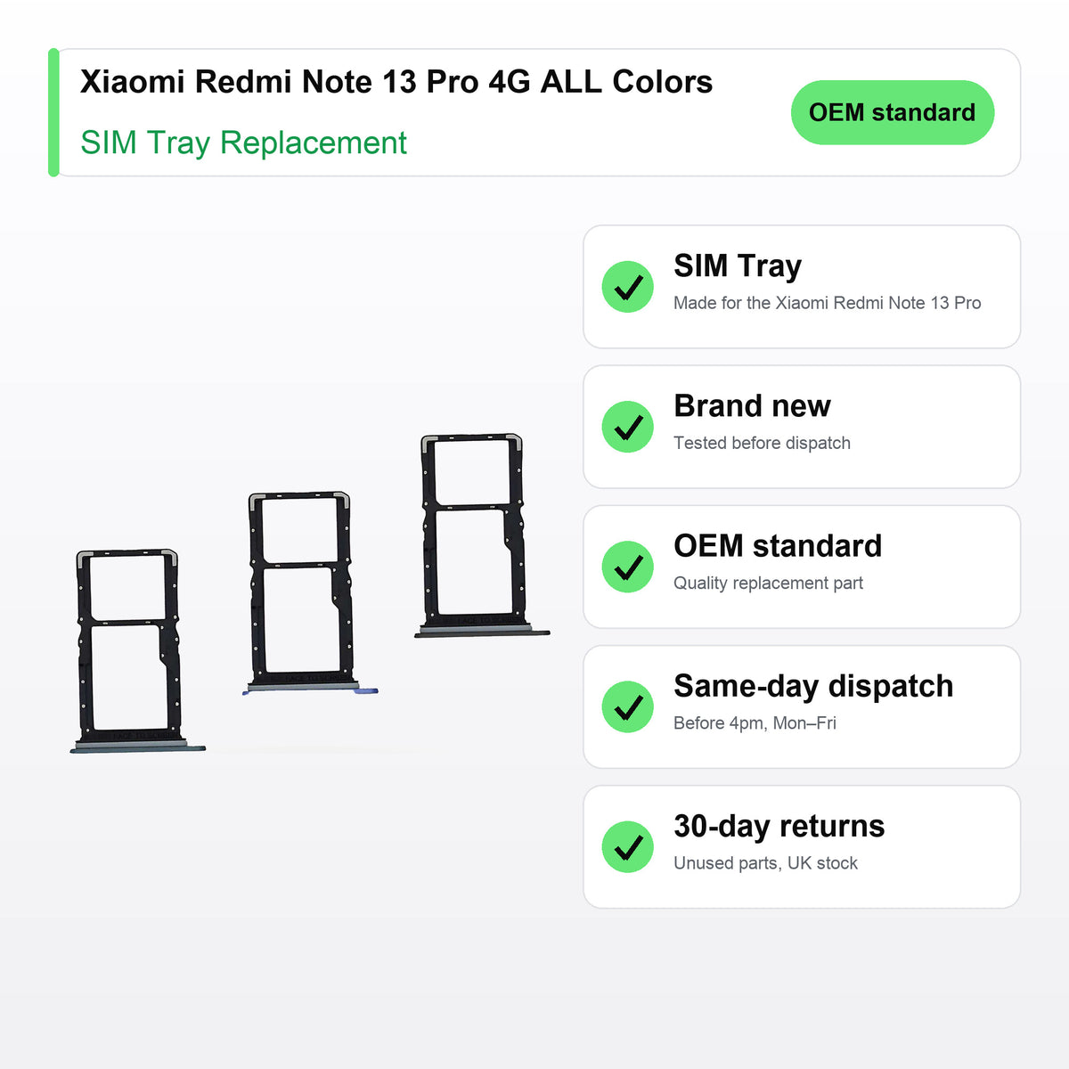 Xiaomi Redmi Note 13 Pro 4G ALL Colors SIM tray key facts: brand new, tested, same-day UK dispatch