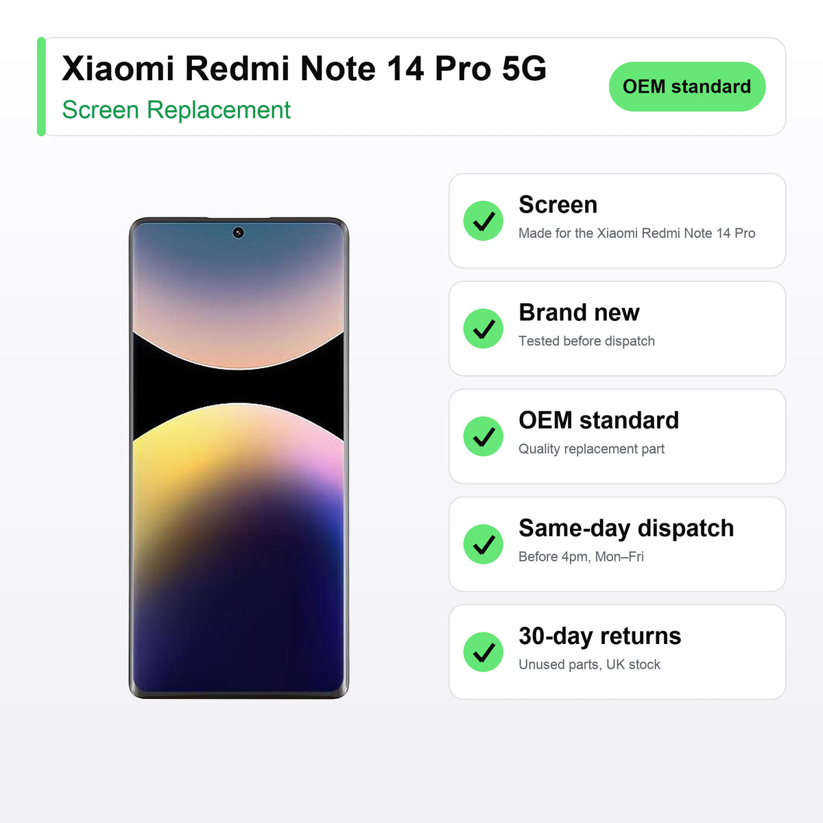 Xiaomi Redmi Note 14 Pro 5G screen key facts: brand new, tested, same-day UK dispatch