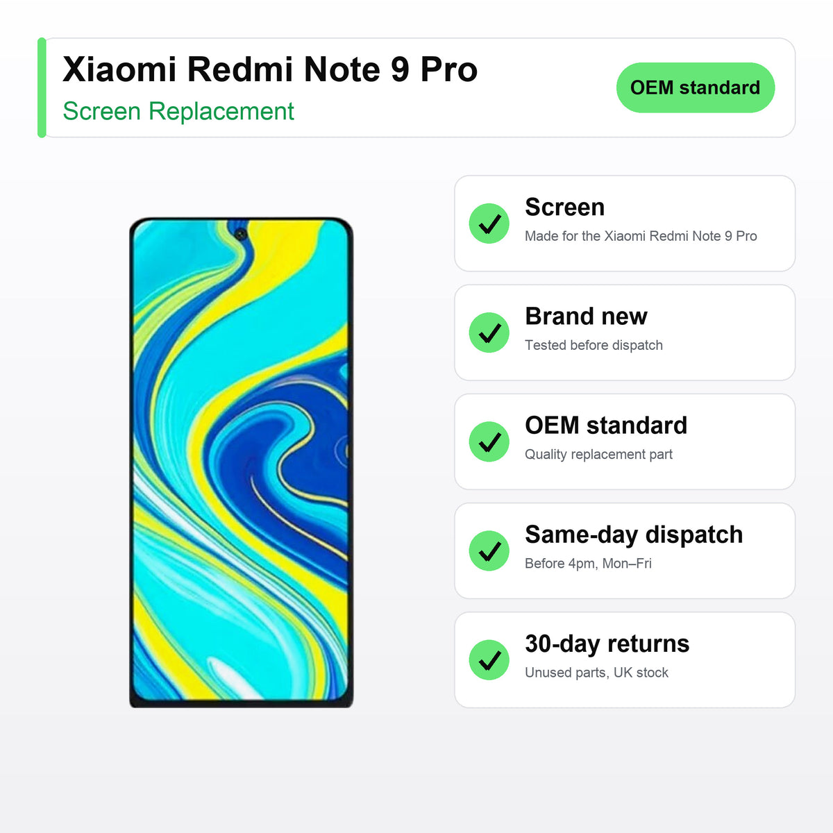 Xiaomi Redmi Note 9 Pro screen key facts: brand new, tested, same-day UK dispatch