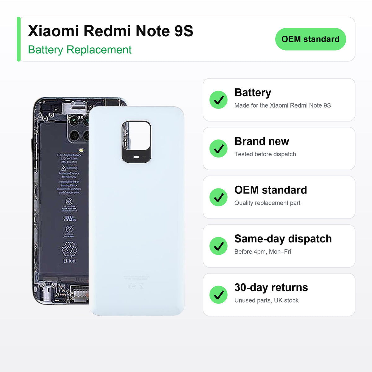 Xiaomi Redmi Note 9S battery key facts: brand new, tested, same-day UK dispatch
