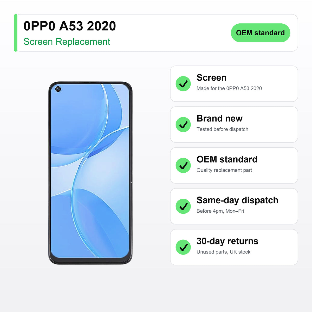 0PP0 A53 2020 screen key facts: brand new, tested, same-day UK dispatch