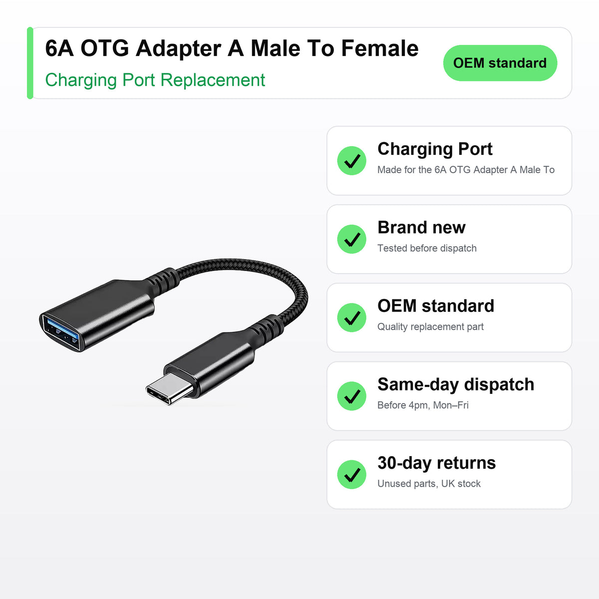 6A OTG Adapter A Male To Female Converter Fast 120W charging port key facts: brand new, tested, same-day UK dispatch